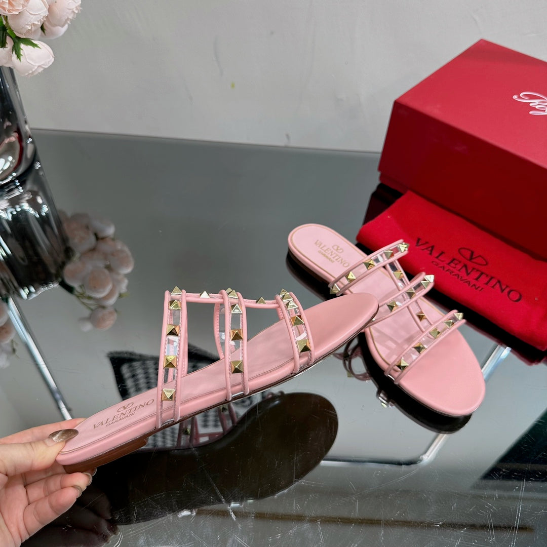 VT 25 Rockstud Flat Sandals Pink PVC Sheepskin