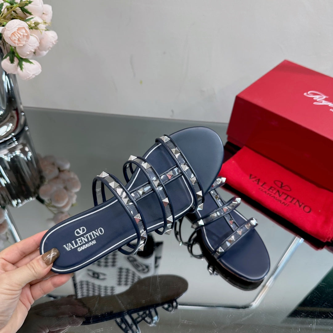 VT 25 Rockstud Flat Sandals Navy Blue PVC Sheepskin