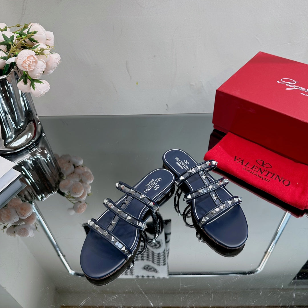 VT 25 Rockstud Flat Sandals Navy Blue PVC Sheepskin