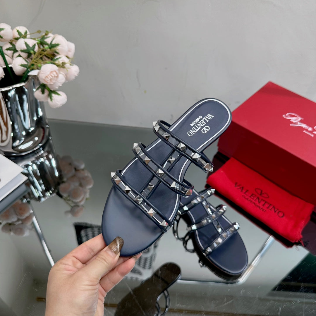 VT 25 Rockstud Flat Sandals Navy Blue PVC Sheepskin