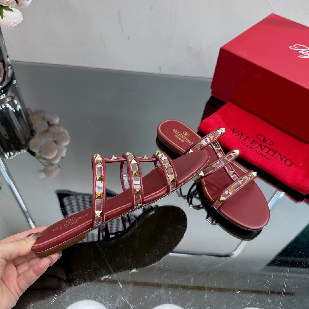 VT 25 Rockstud Flat Sandals Ruby Red PVC Sheepskin