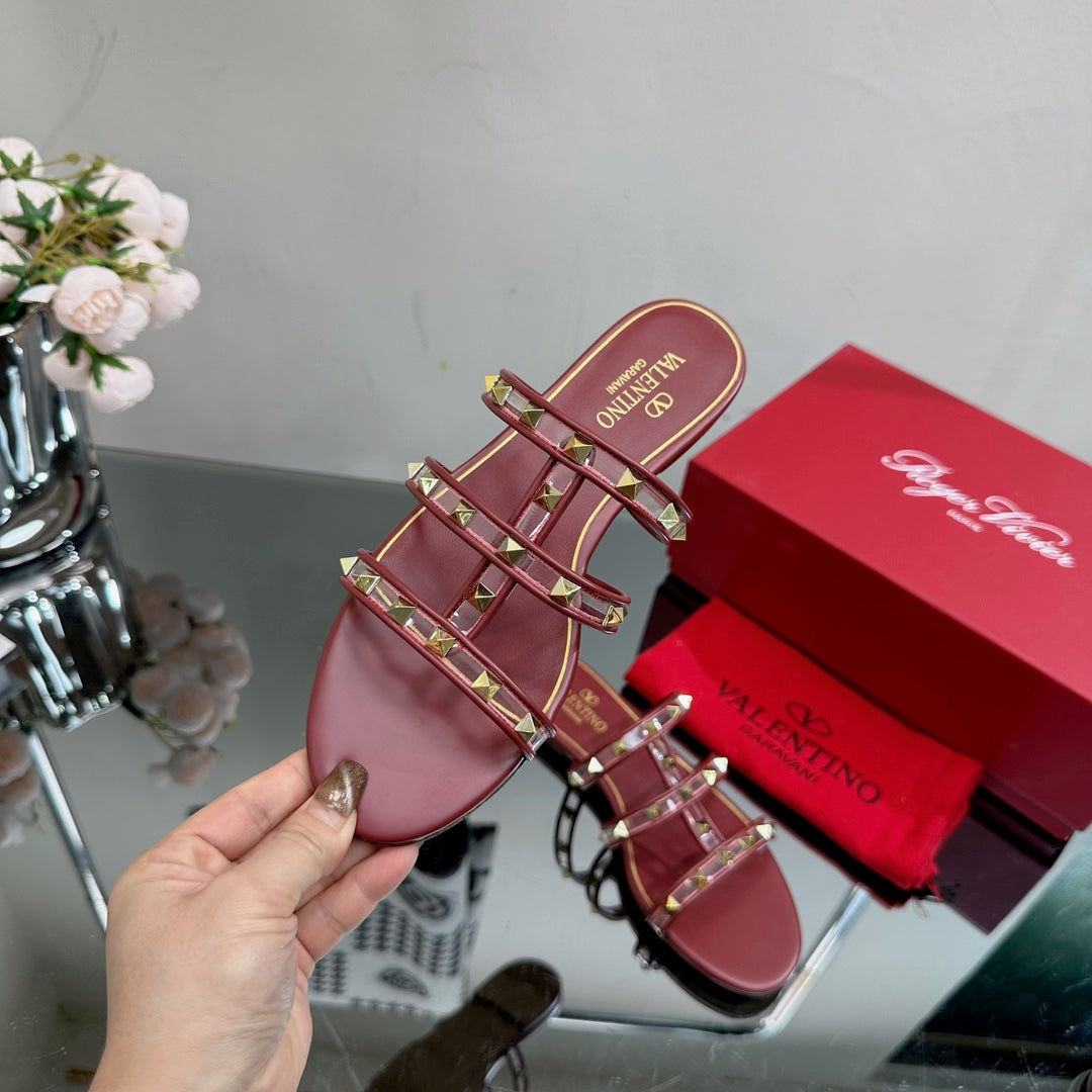 VT 25 Rockstud Flat Sandals Ruby Red PVC Sheepskin