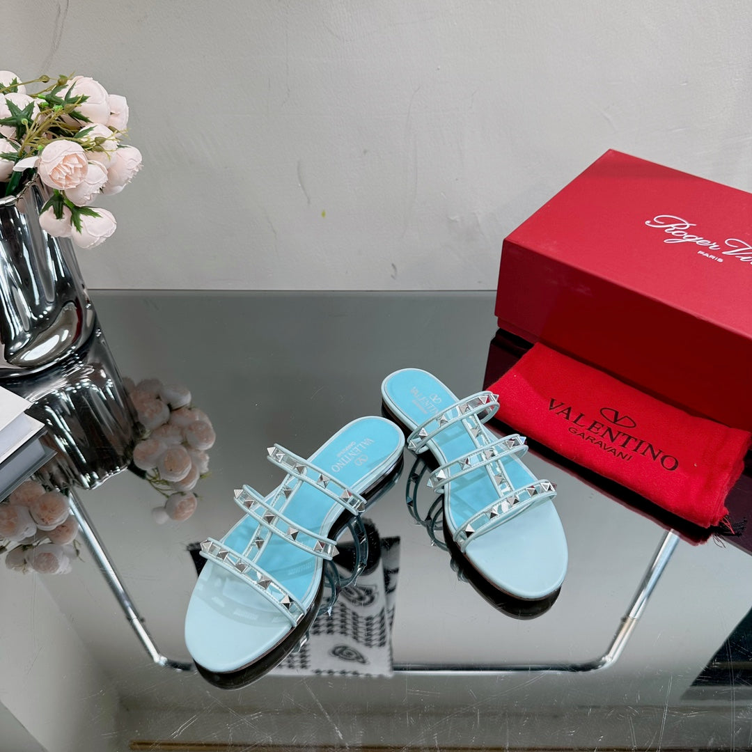 VT 25 Rockstud Flat Sandals Sky Blue PVC Sheepskin