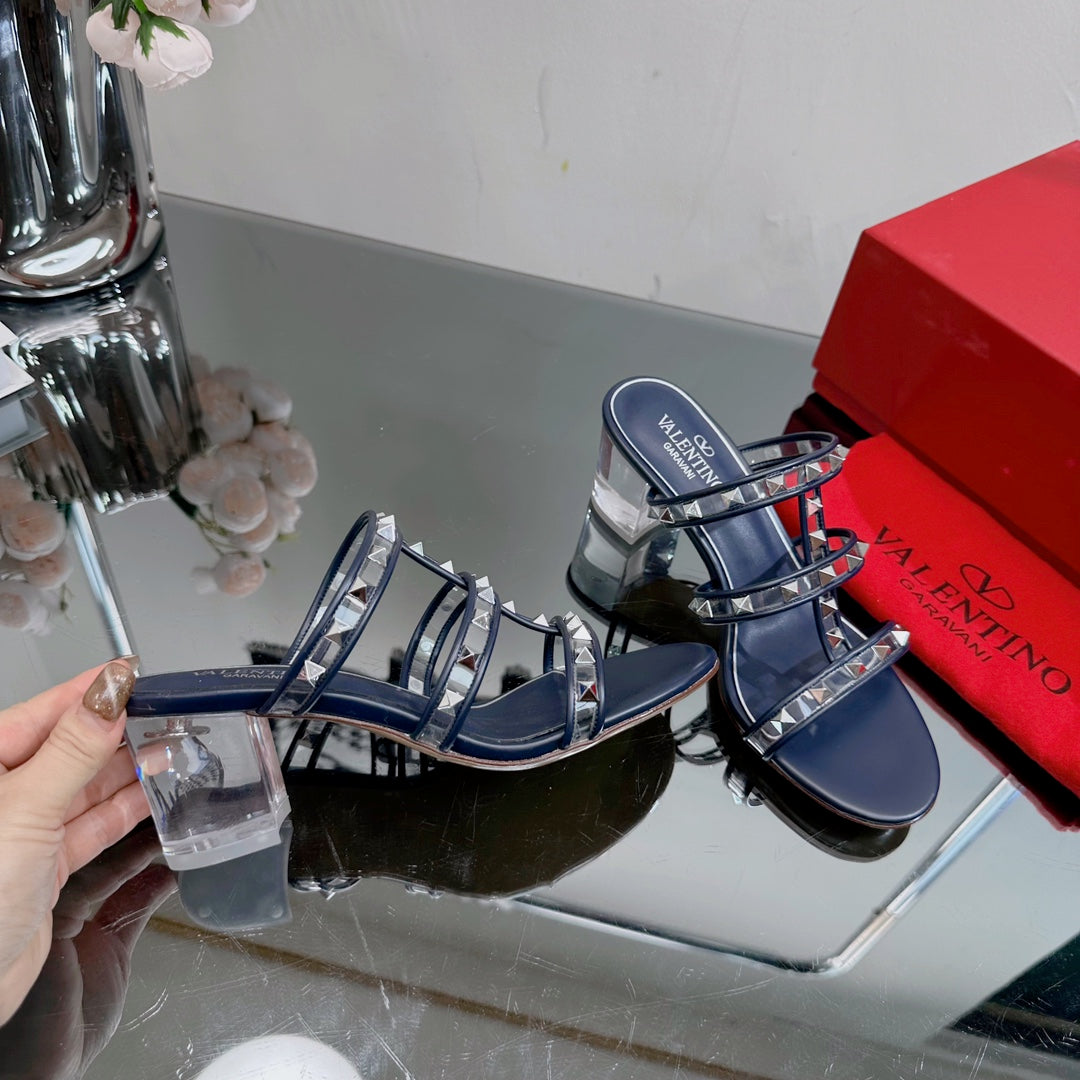 VT 25 Rockstud Sandals 65mm Navy Blue PVC Sheepskin