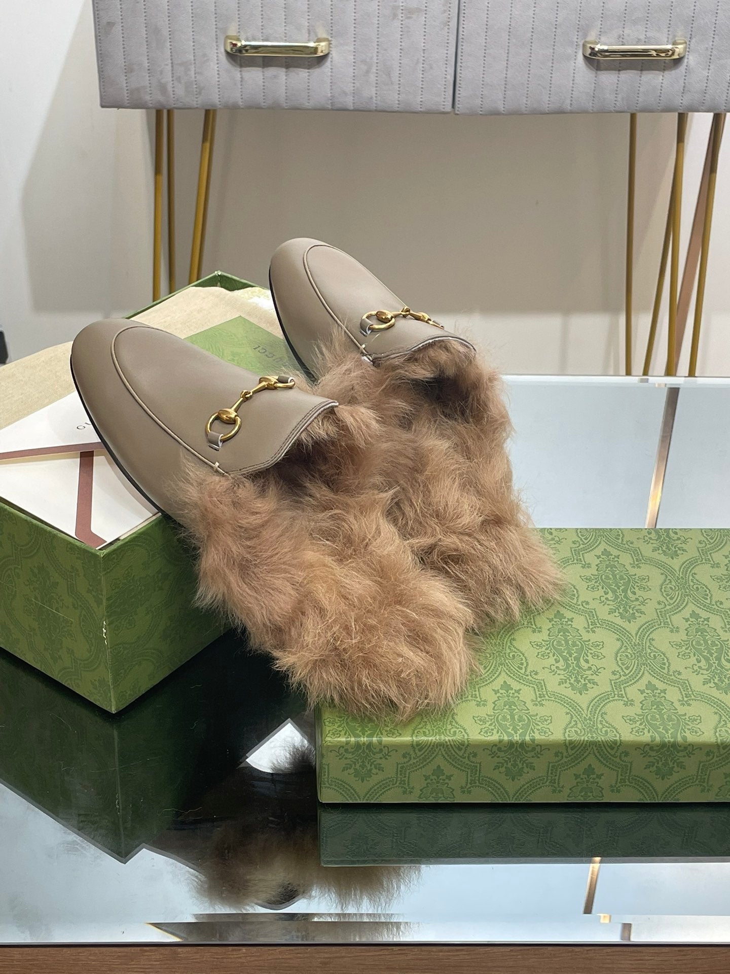 HORSEBIT MULE IN PEANUT BROWN CALFSKIN AND LAMB WOOL LINING
