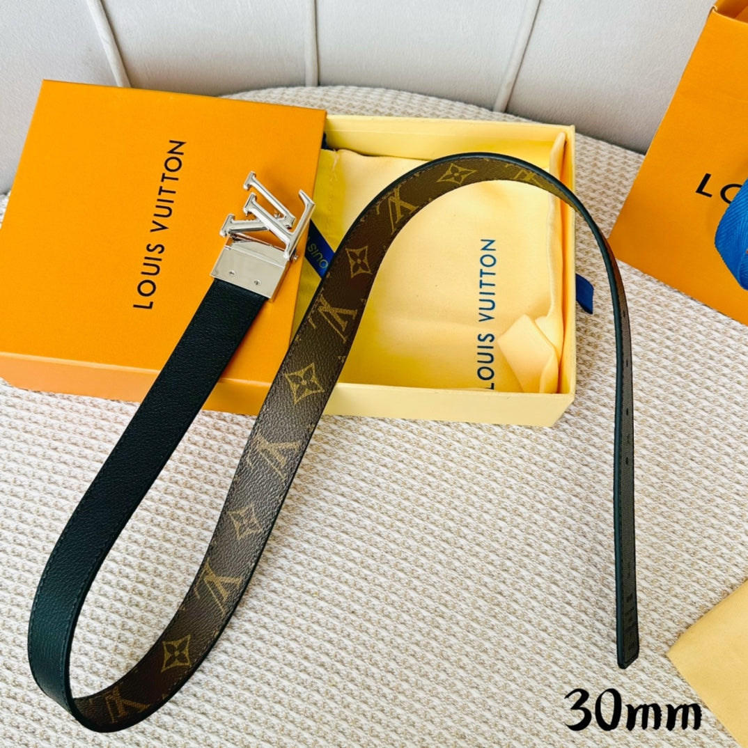 LV Initiales Reversible Belt Silver Rotating Buckle Black Brown Leather