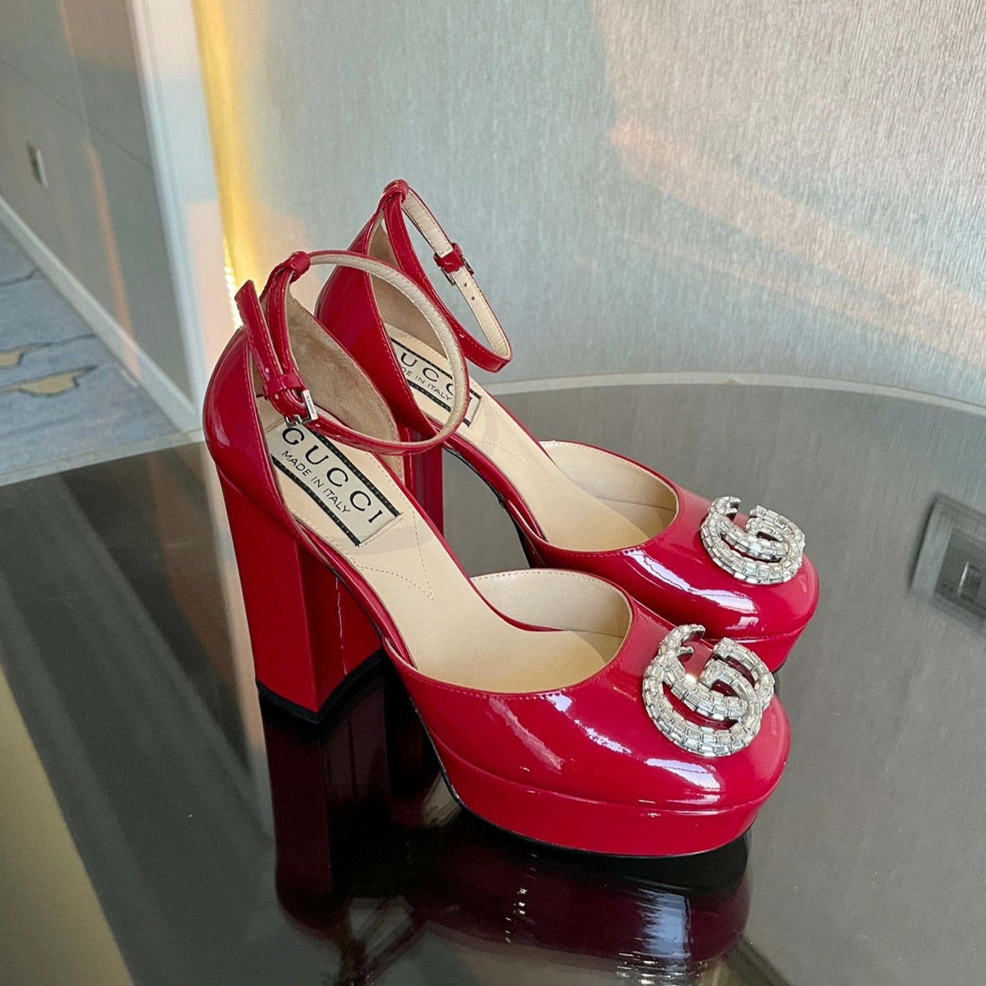 platform pump 12cm with double g red patent leather