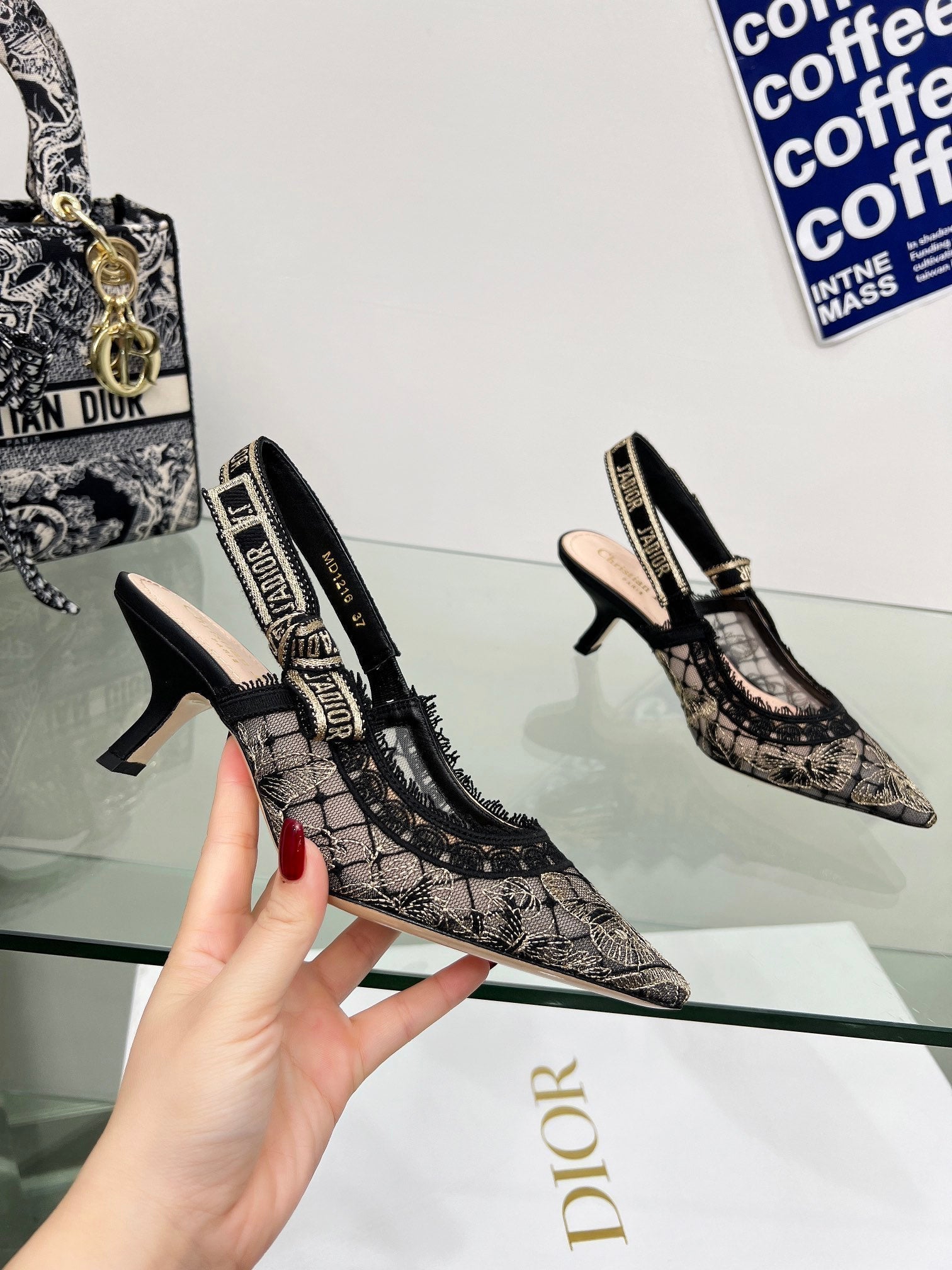 J'Adior Slingback Pump 65mm In Black Lace Fabric 100836