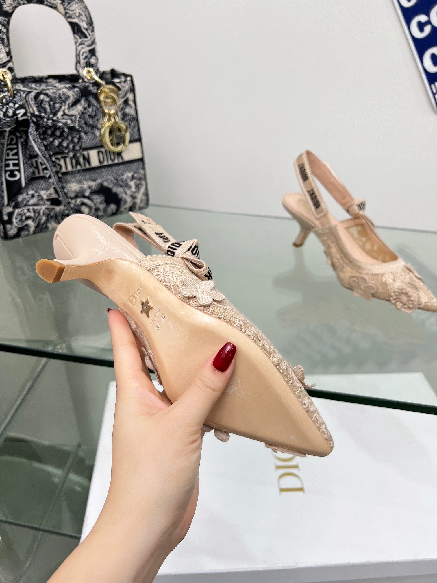 J'Adior Slingback Pump 65mm In Beige Floral Embroidered Lace Fabric 100841