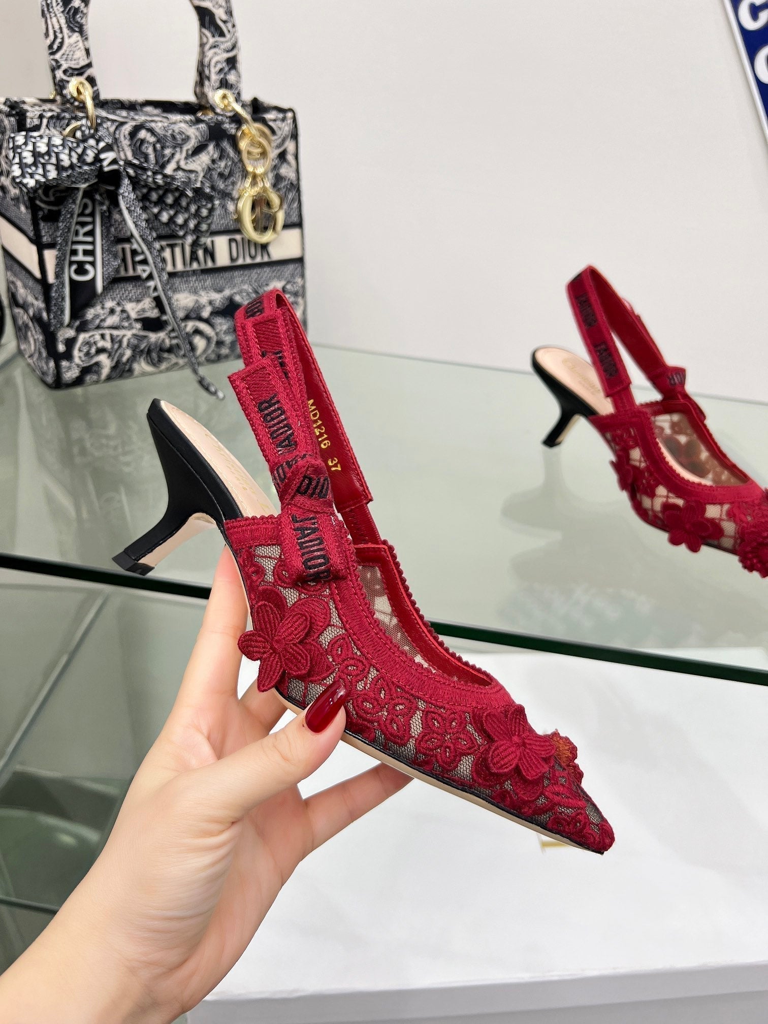 J'Adior Slingback Pump 65mm In Red Floral Embroidered Lace Fabric 100845
