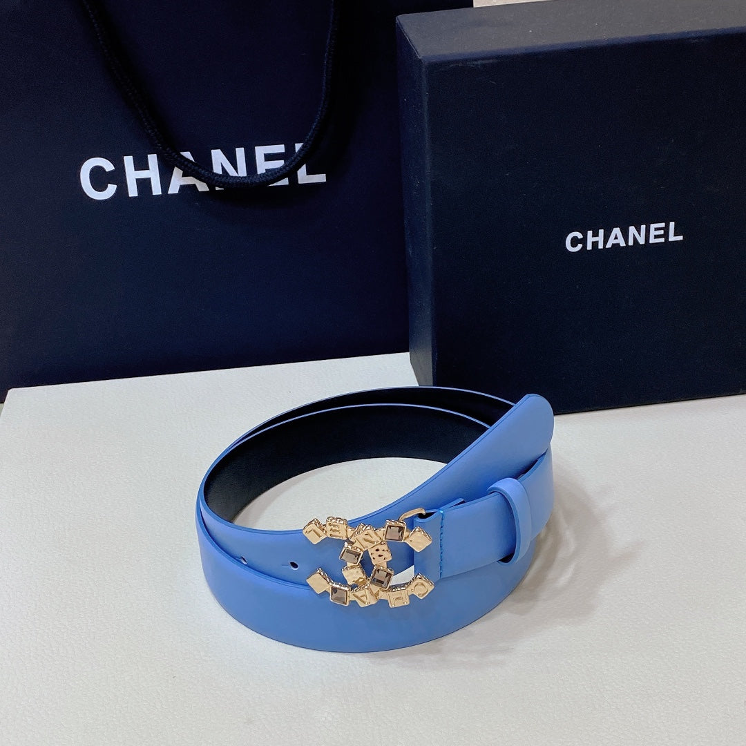 CHANEL BELT 3CM IN STAR COMMAND BLUE AND BLACK LAMBSKIN WITH CRYSTAL GOLD HARDWARE