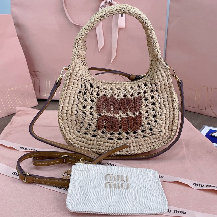 miu wander hobo bag 20cm beige woven fabric