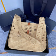 le 5a7 large 30cm woven raffia brown calfskin
