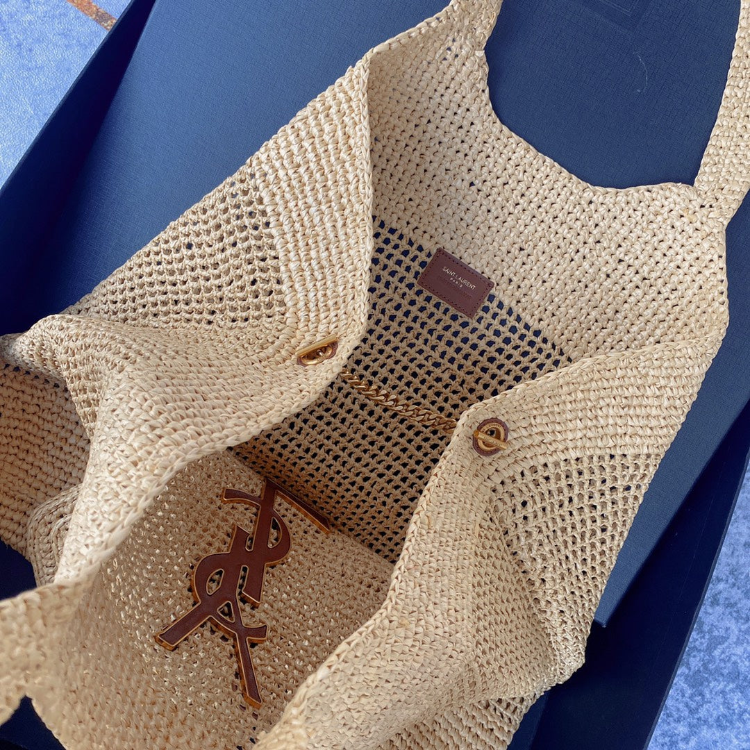 icare 58cm woven raffia brown calfskin