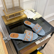 FENDI BAGUETTE SIGNATURE SLIDE IN LIGHT BLUE DENIM AND BROWN CALFSKIN