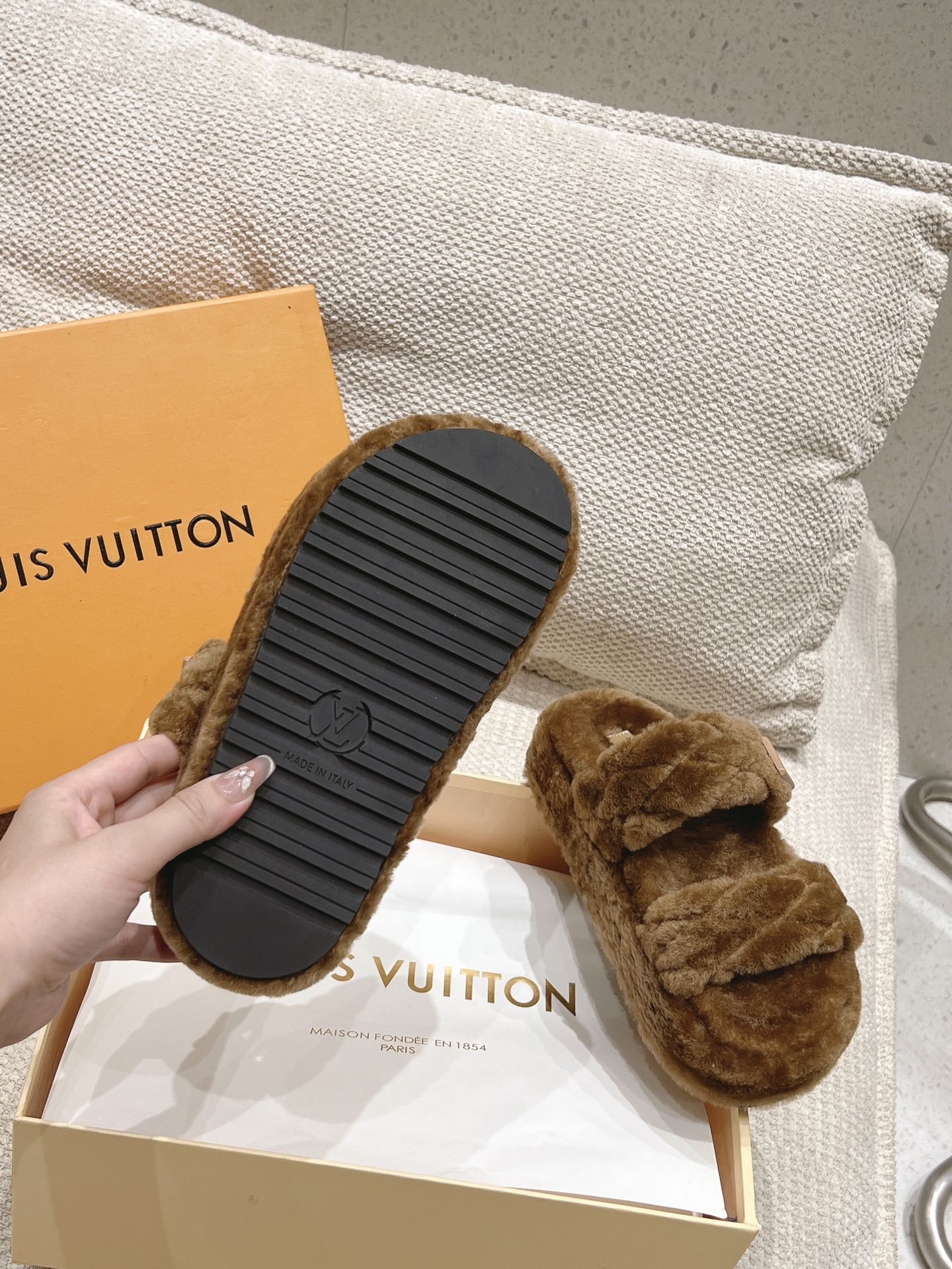 LV Sunset Platform Comfort Mule Dark Brown Wool