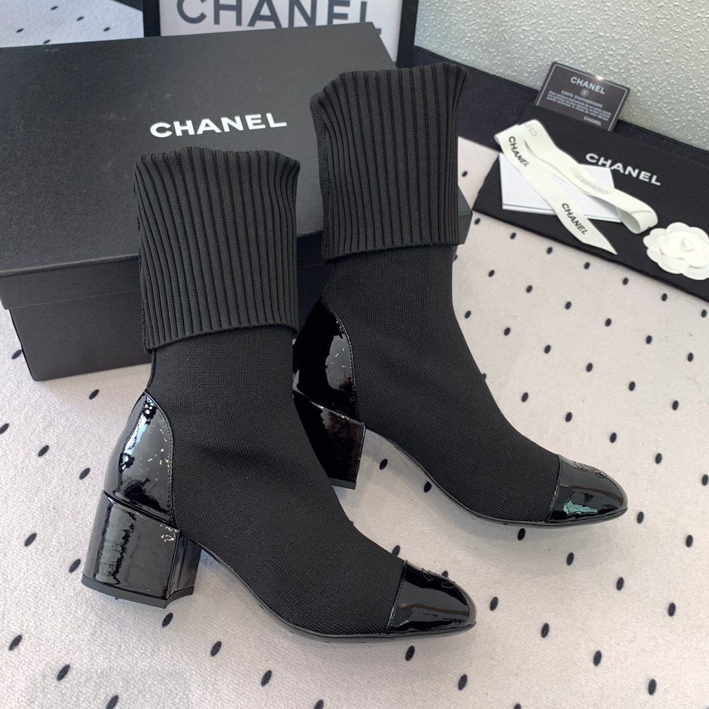 CC Short Boots 55mm Black Wool Mix Glossy Cowhide 938066