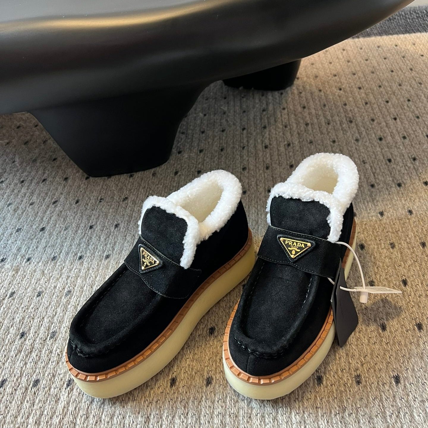 Prada 25s platform ankle boots black suede and wool 538437