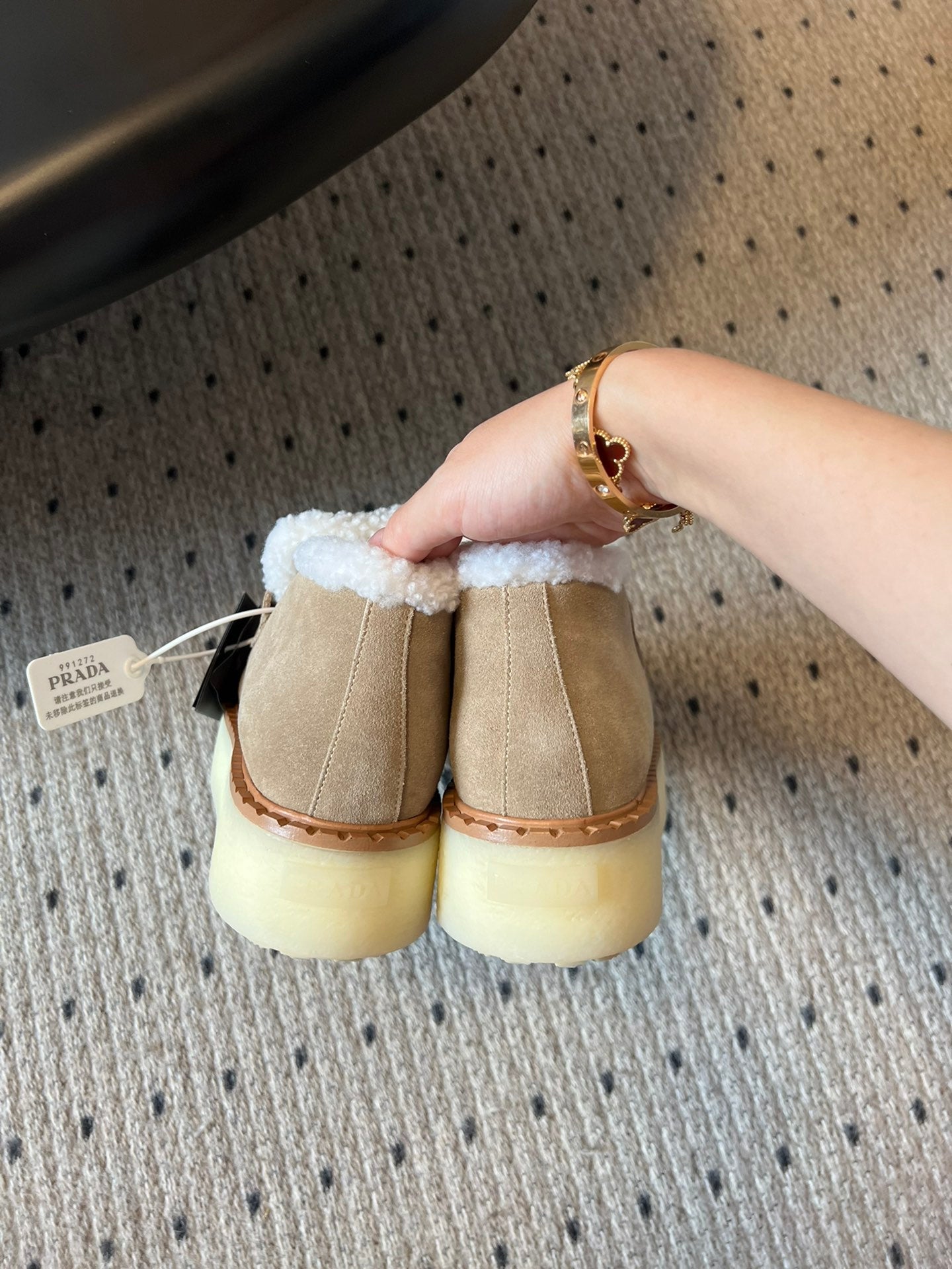 Prada 25s platform ankle boots beige suede and wool 538438
