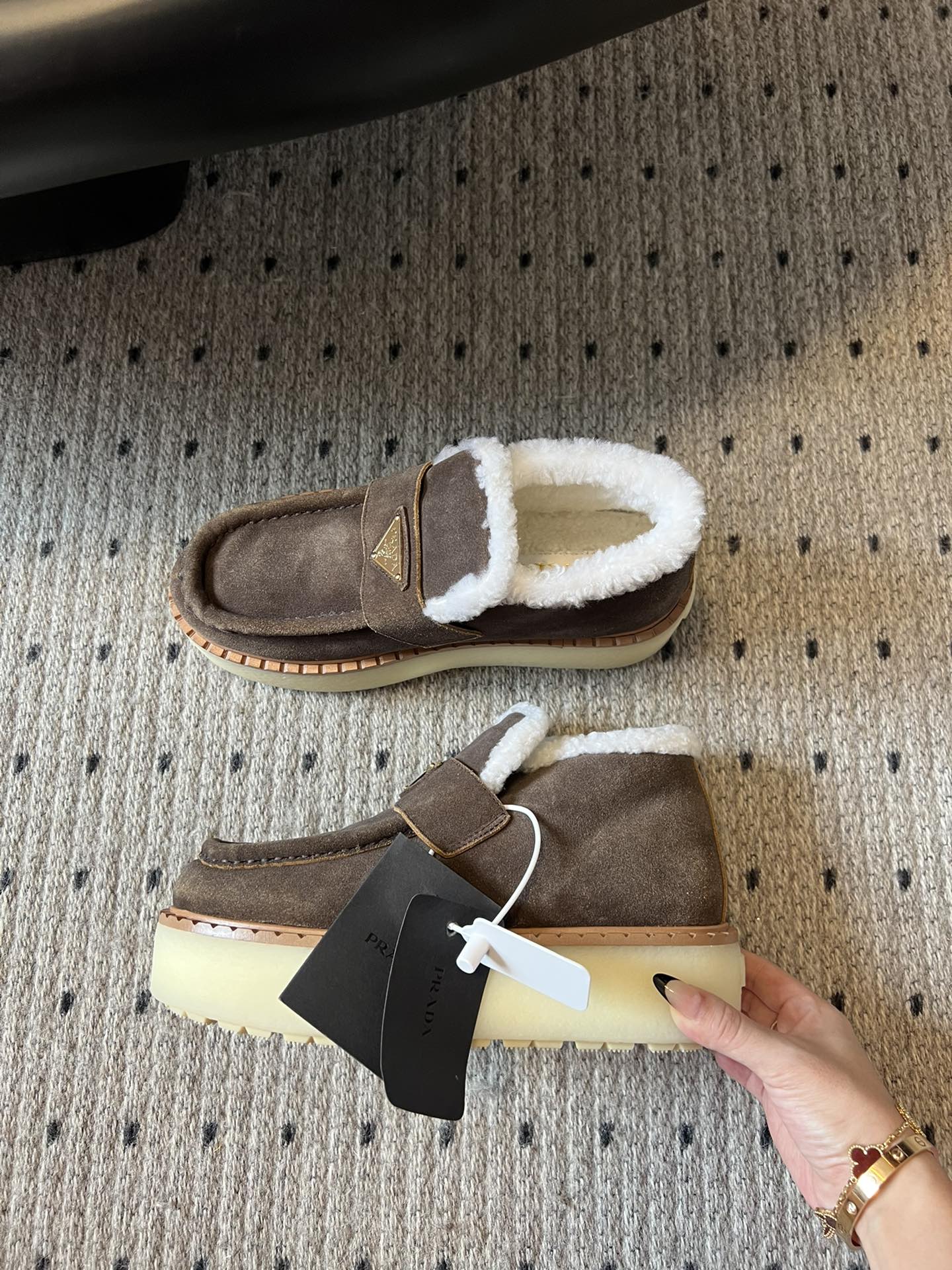 Prada 25s platform ankle boots brown suede and wool 538439