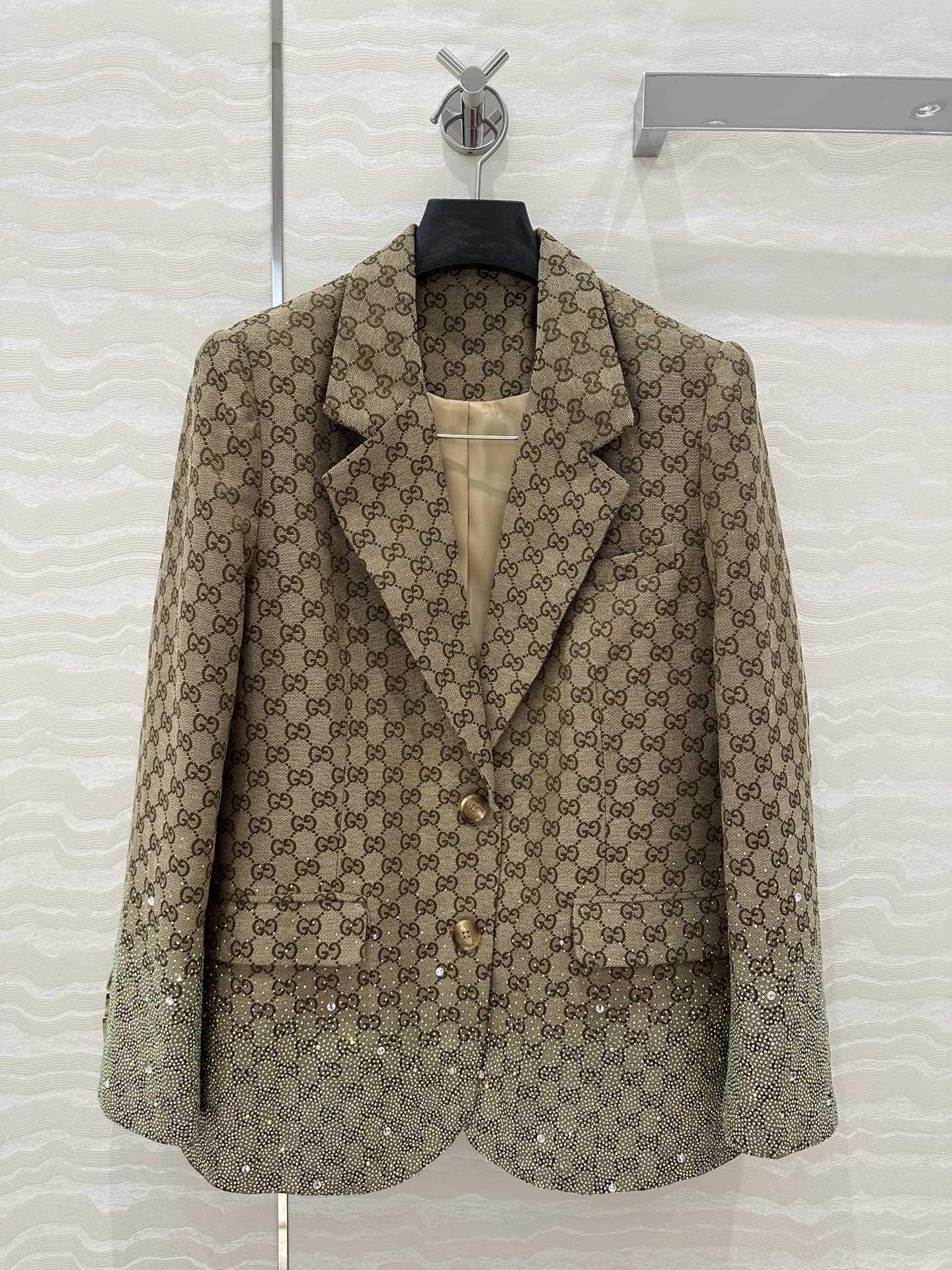 Gucci GG Letter Jacquard Woven Jacket Light Brown Polyester Fiber