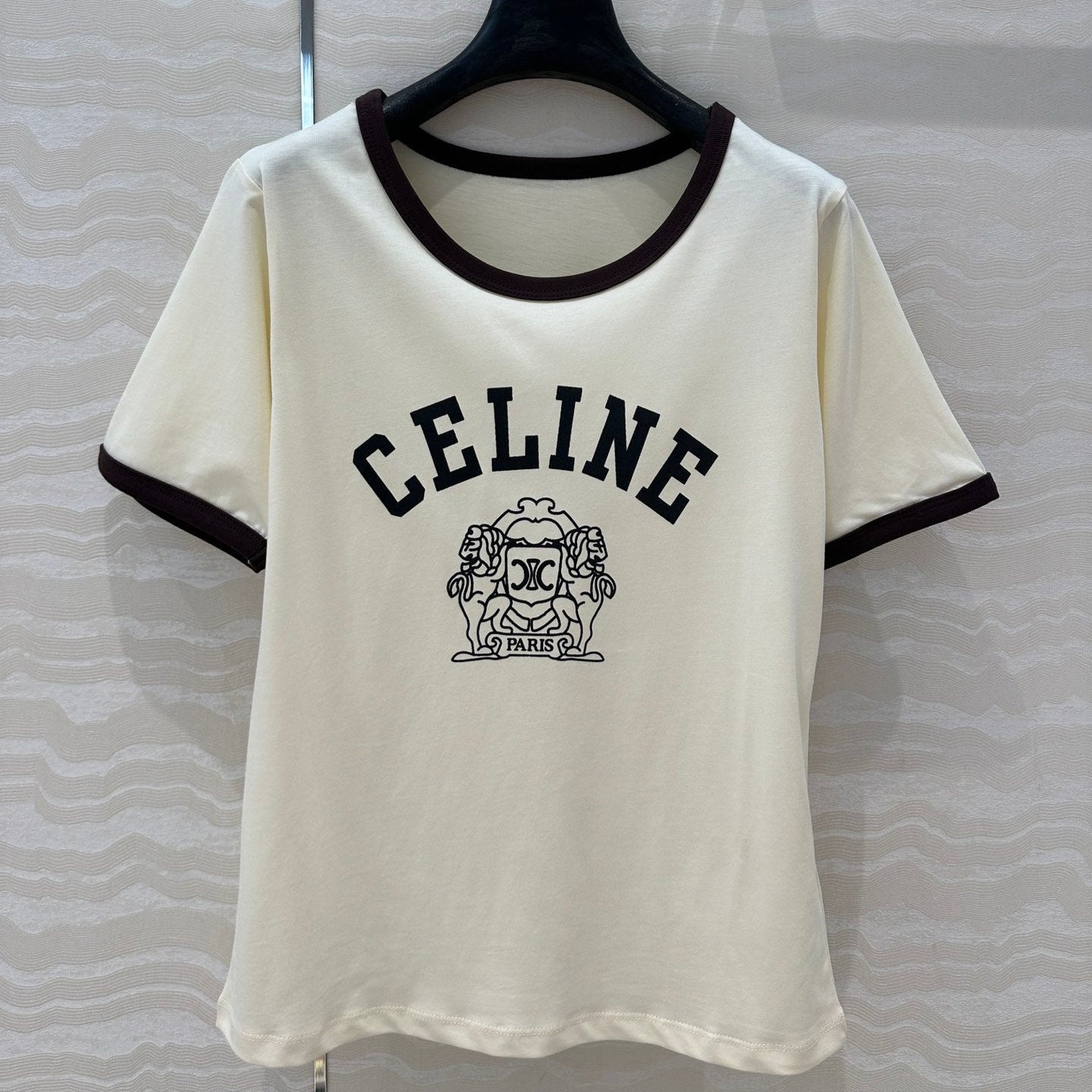 Celine 25 Arc de Triomphe Letter Short Sleeve T-shirt Cream mix Black Cotton