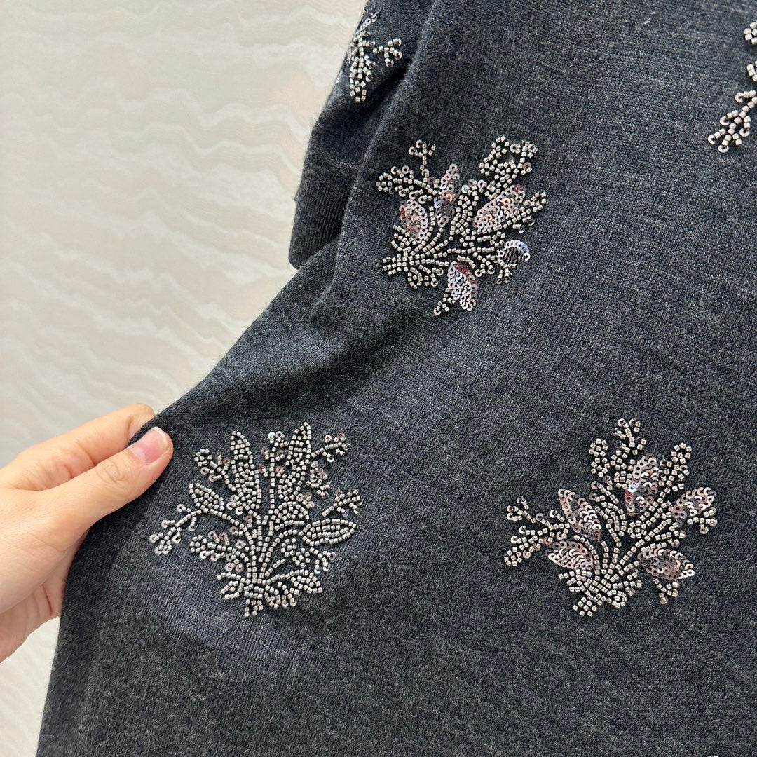 Fendi Beaded Flower Knitted Dress Black Gray Wool