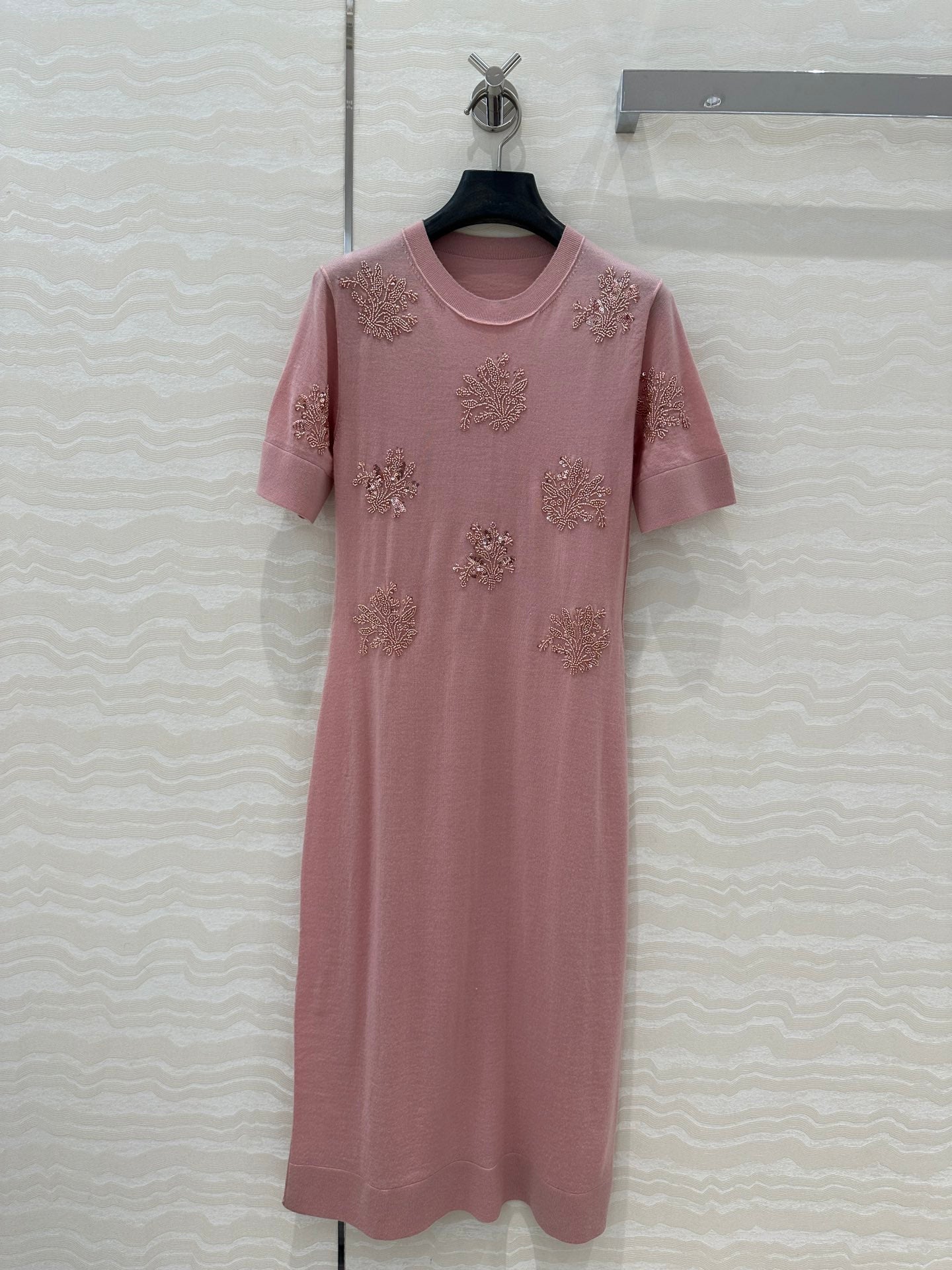 Fendi Beaded Flower Knitted Dress Pink Wool