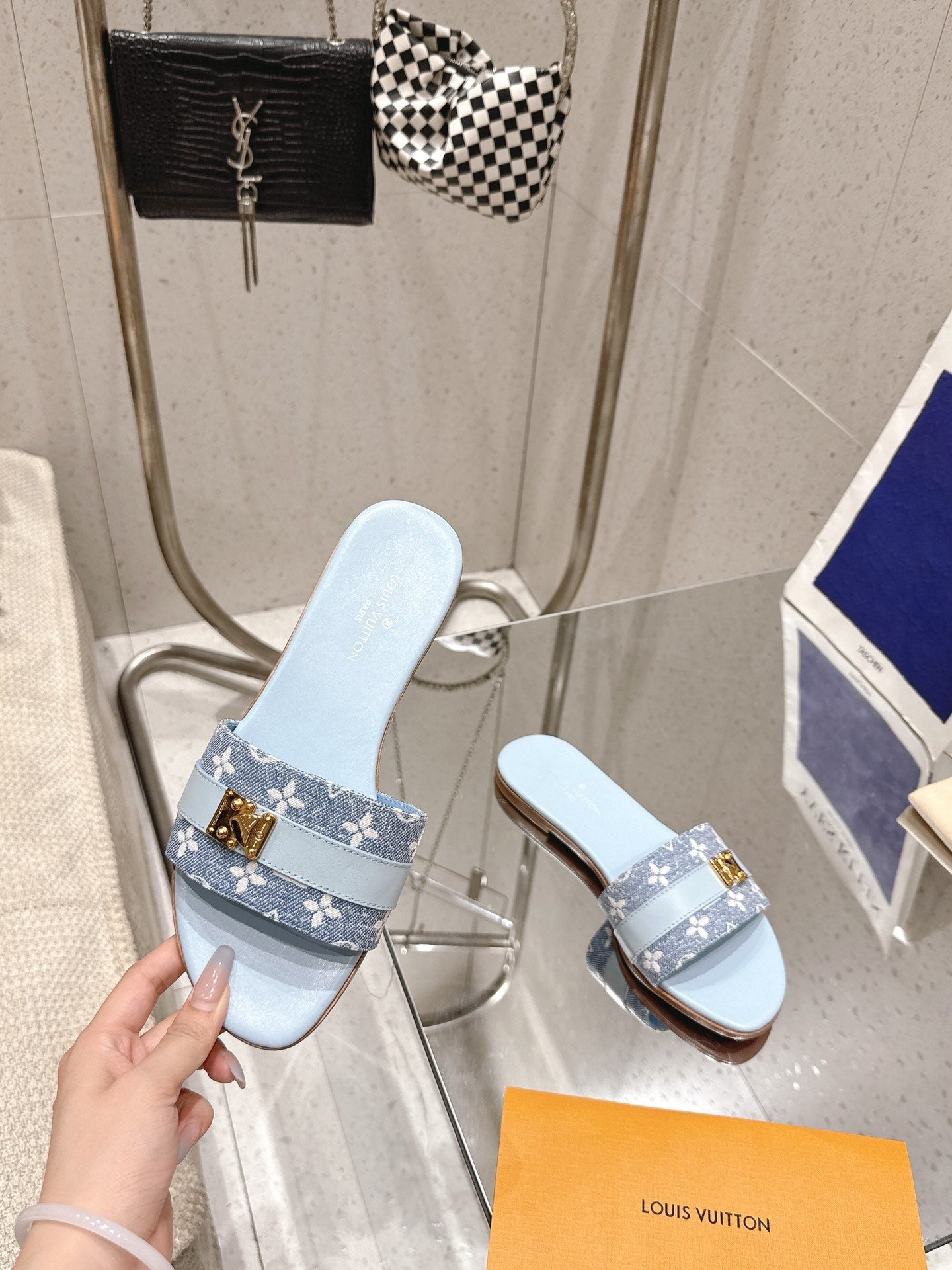 LV Flat Mules pairs raffia baby blue mix denim cowhide 383719