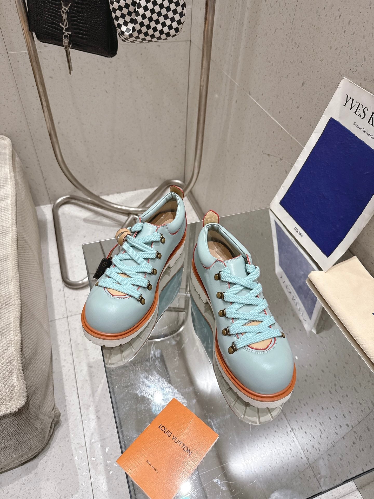 LV Pharrell and Nigo Hiking Shoes  Light Blue Orange Sheepskin 383740