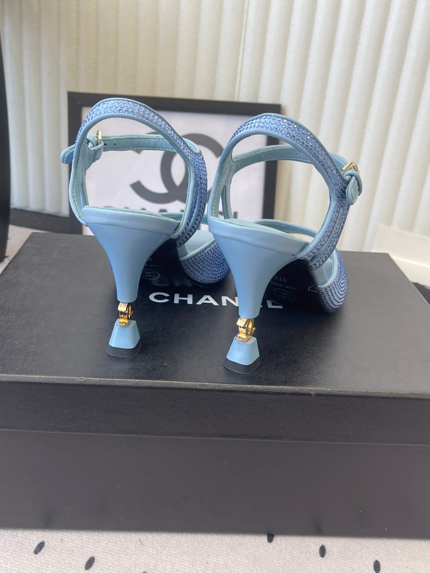 CC 26 Rhinestone Sandal 75mm Blue Lambskin 611732