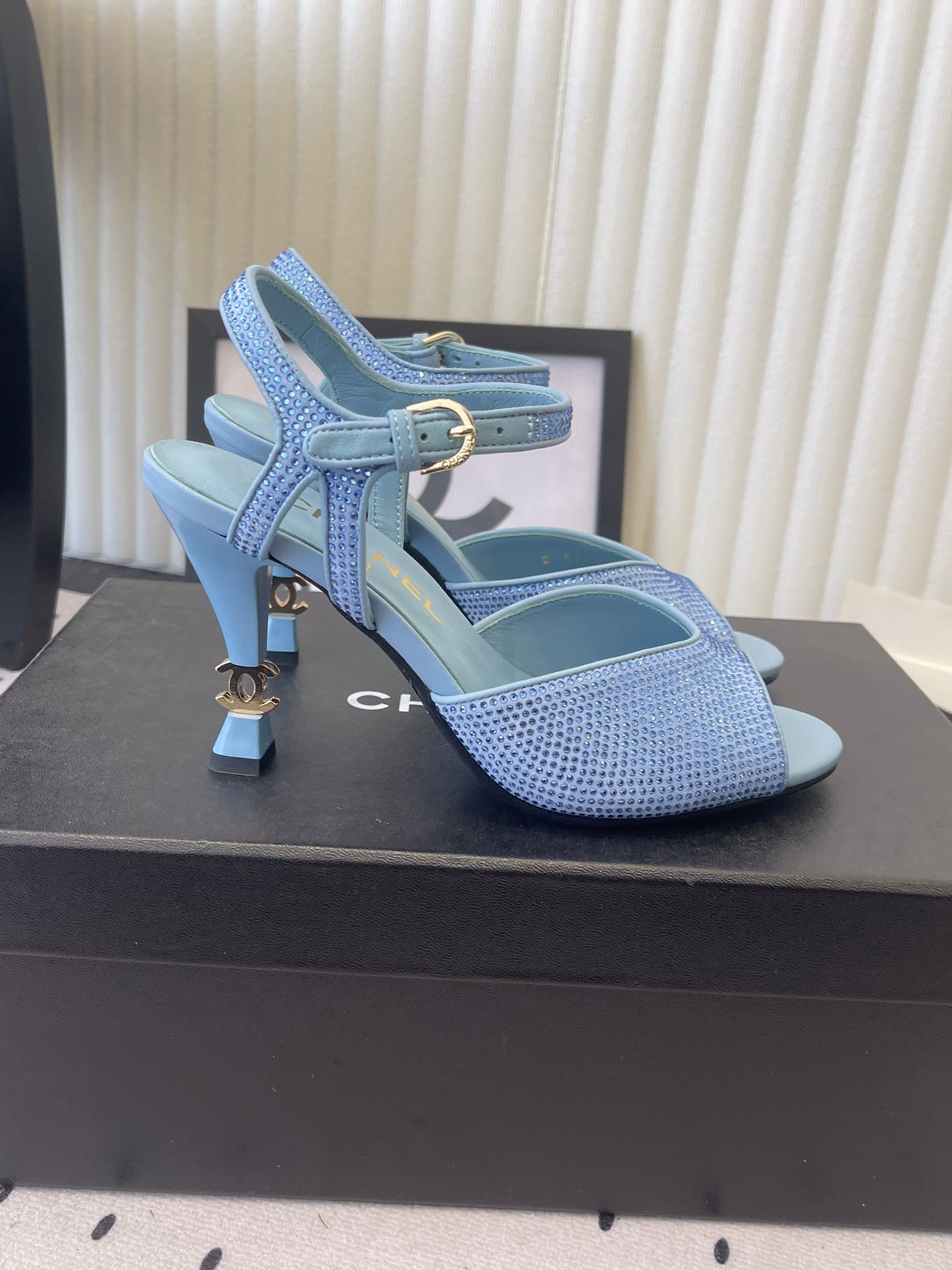 CC 26 Rhinestone Sandal 75mm Blue Lambskin 611732