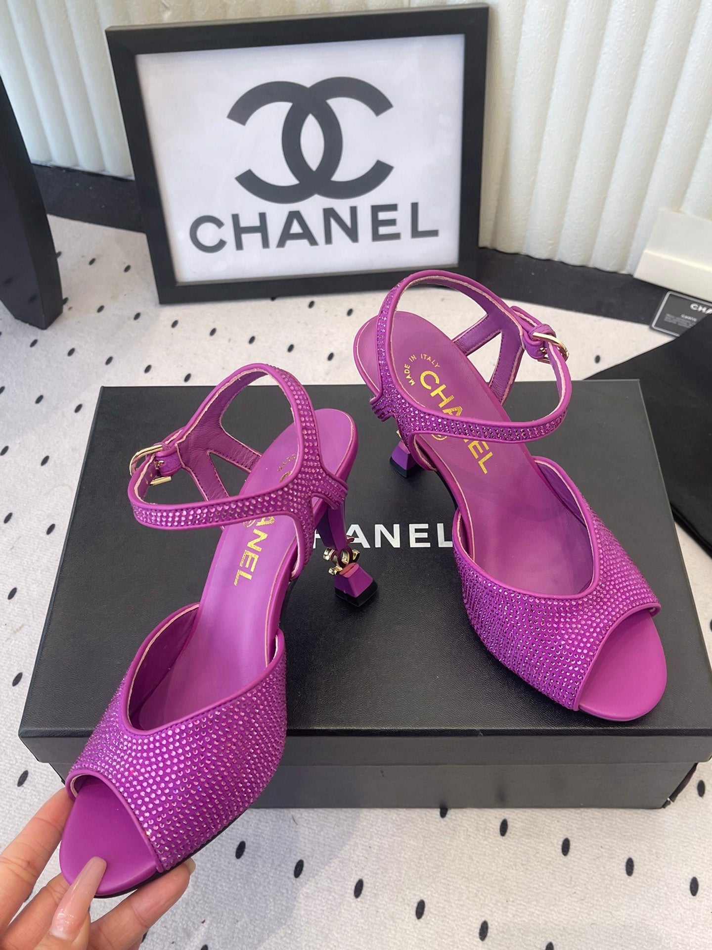 CC 26 Rhinestone Sandal 75mm Purple Lambskin 611733