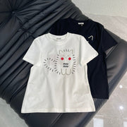 Miumiu 2026 Cat-themed Beaded Heavy-duty Short-Sleeve T-Shirt Cotton 343406