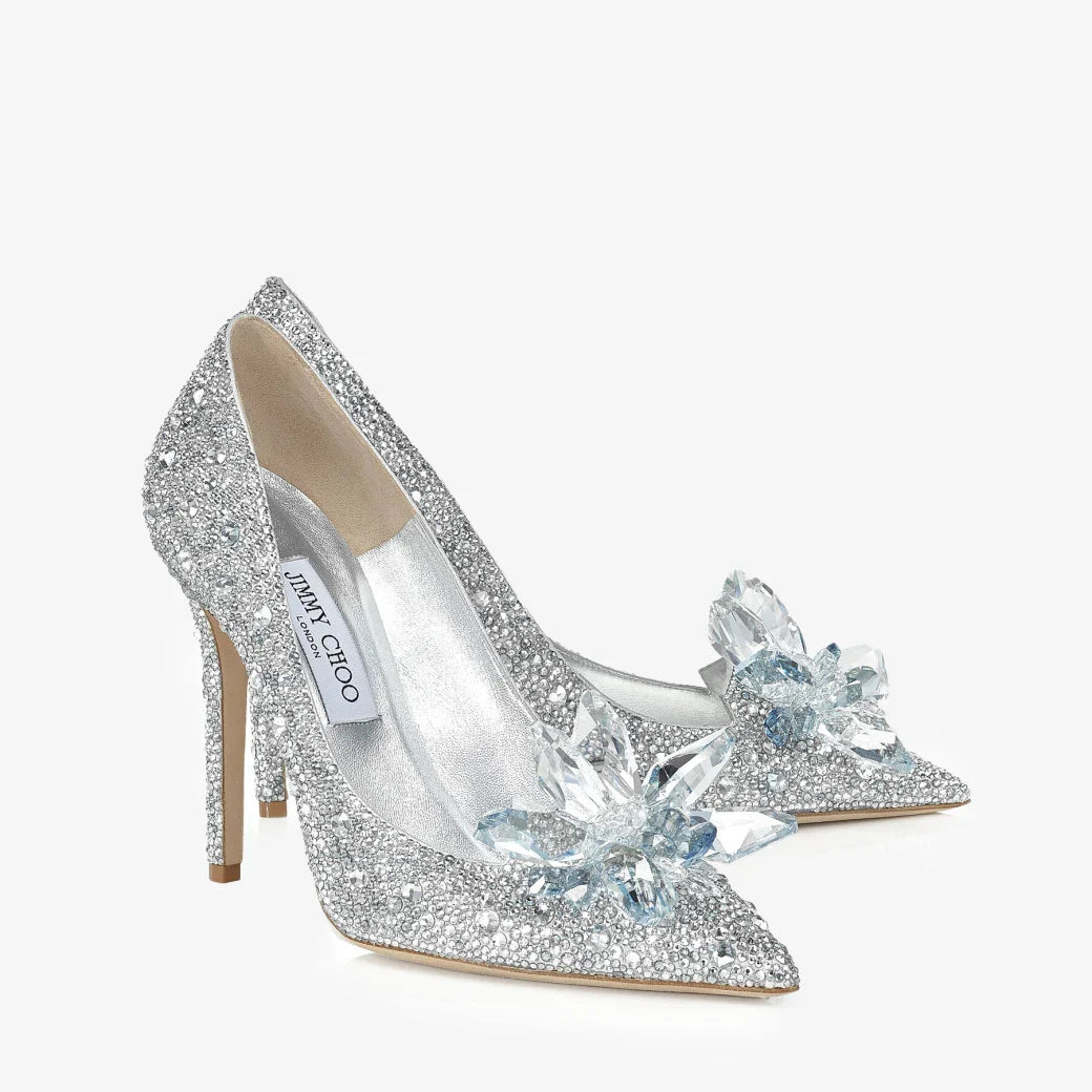 Jimmy Choo Avril Crystal Covered Pointy Toe Pump 85mm Silver Blue Leather