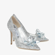 Jimmy Choo Avril Crystal Covered Pointy Toe Pump 85mm Silver Blue Leather