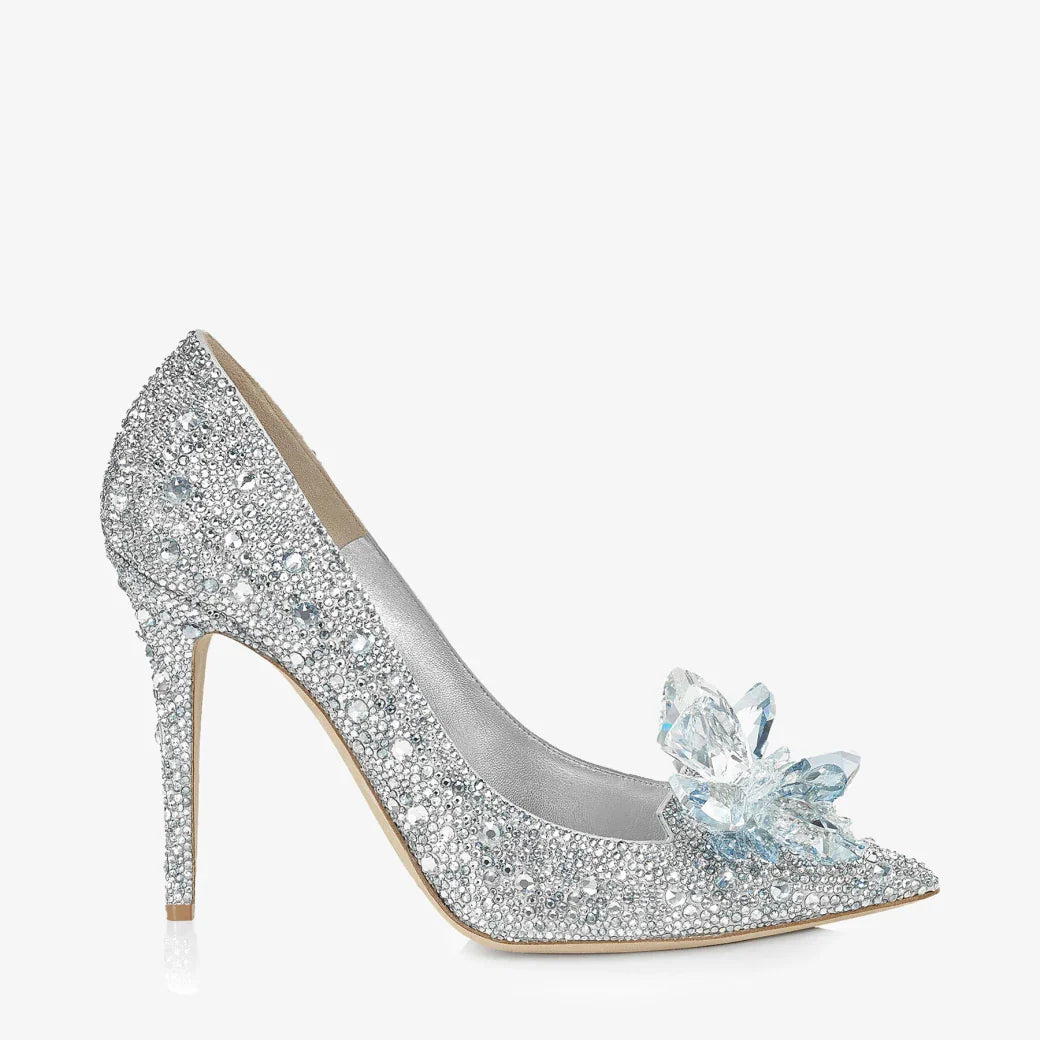 Jimmy Choo Avril Crystal Covered Pointy Toe Pump 85mm Silver Blue Leather