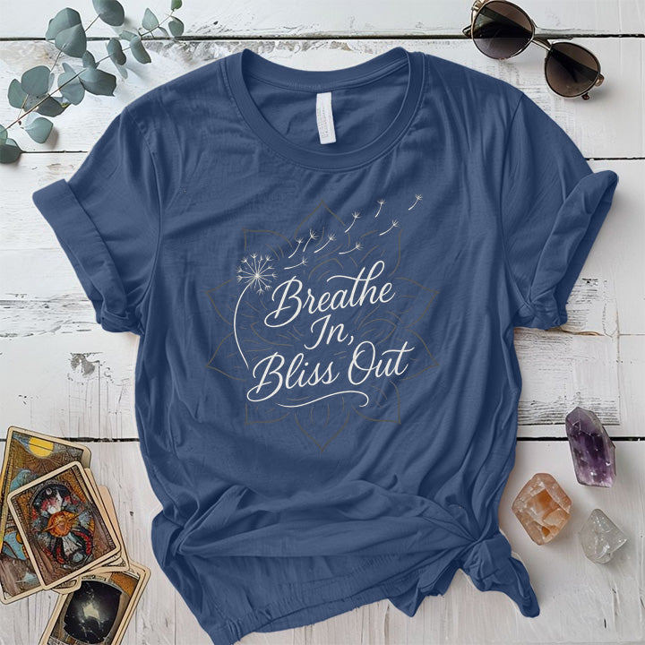 Breathe In Bliss Out Dandelion T-Shirt Mockup Indigo Blue