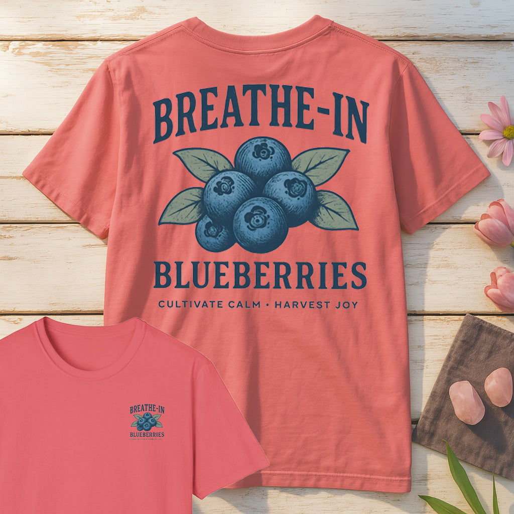 Breathe In Blueberries T-Shirt Mockup coral-silk