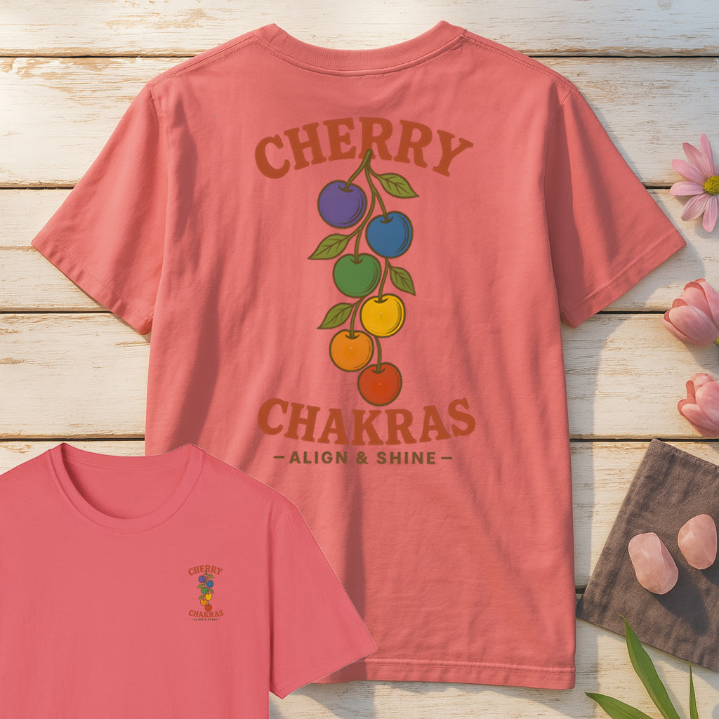 Cherry Chakras T-Shirt Mockup coral-silk