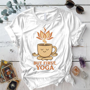 Coffee But First Yoga T-Shirt Mockup White