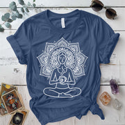 Coffee Yoga Mandala T-Shirt Mockup Indigo Blue