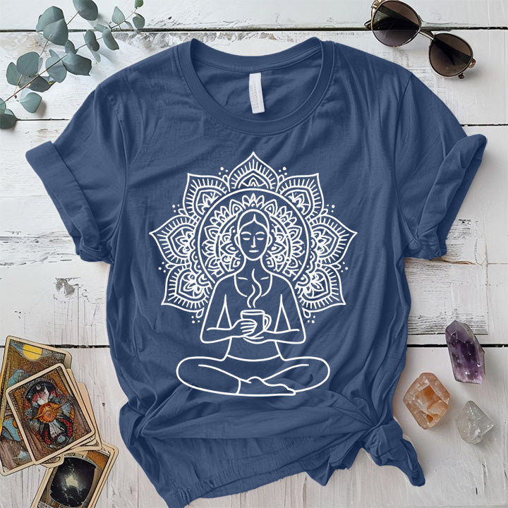 Coffee Yoga Mandala T-Shirt Mockup Indigo Blue