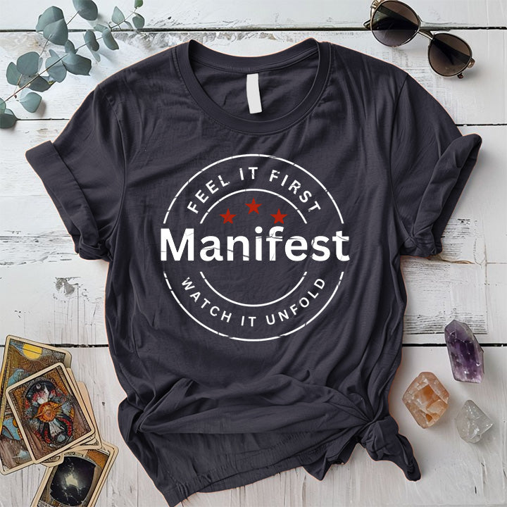Feel It First Manifest T-Shirt Mockup Dark Heather Grey