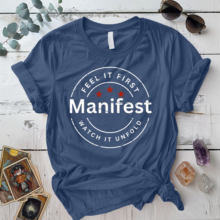 Feel It First Manifest T-Shirt Mockup Indigo Blue