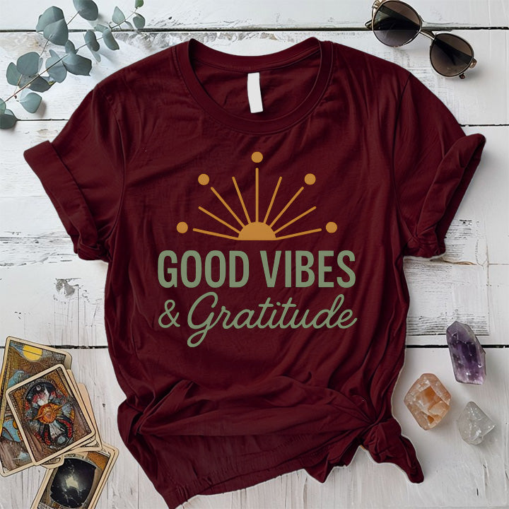 Good Vibes and Gratitude T-Shirt Mockup maroon