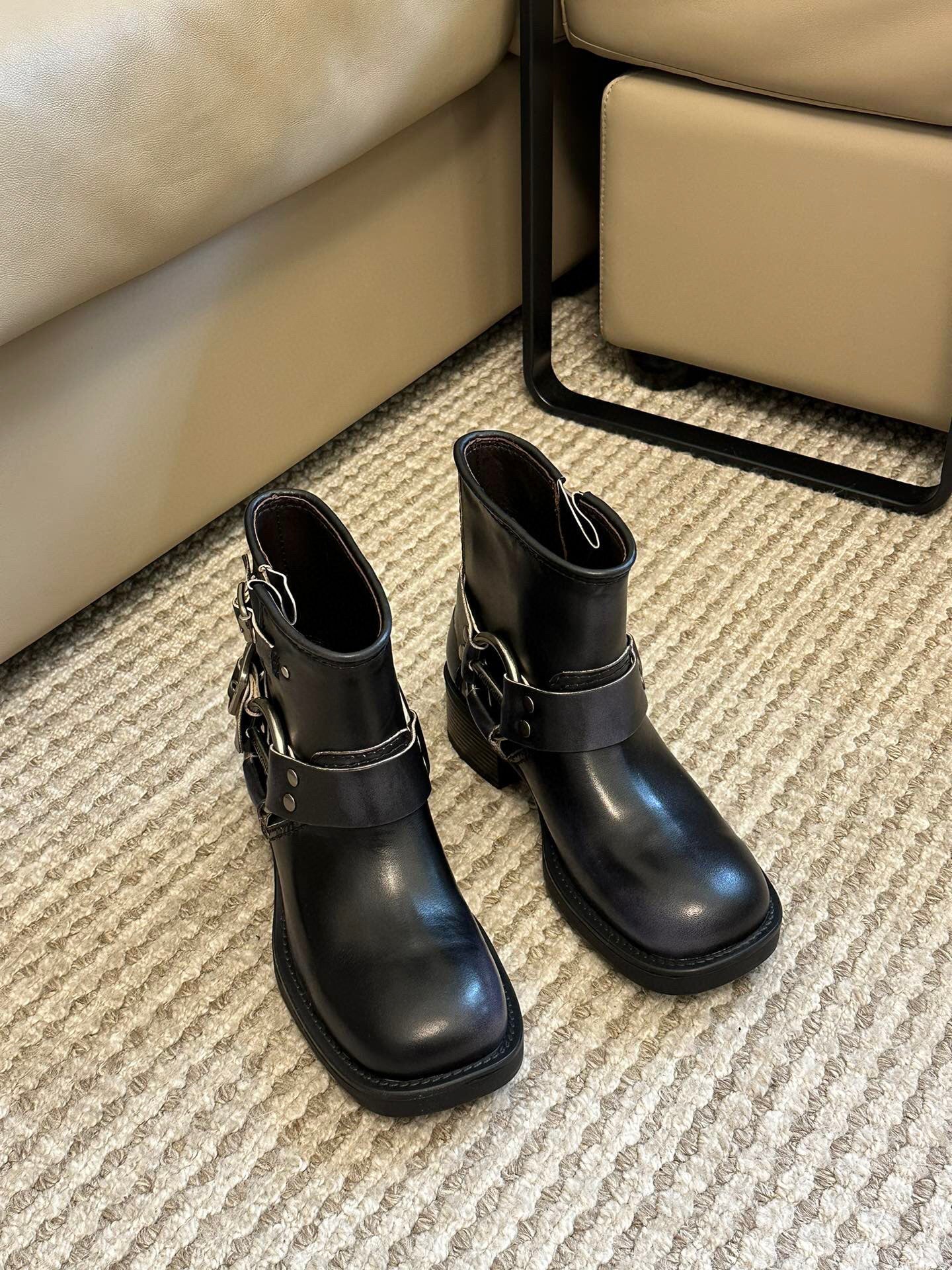 Miu Vintage-Look Black Calfskin Booties