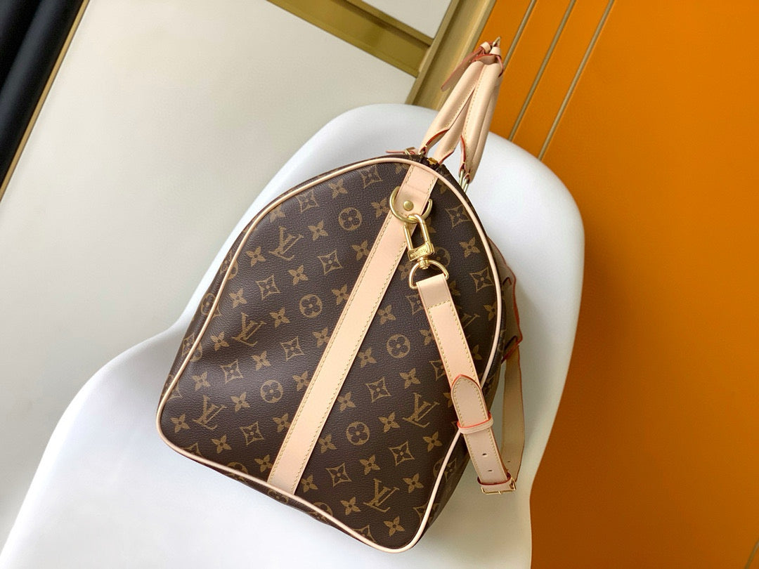 LV Keepall Bandouliere 55 Monogram Canvas Brown Gold Hardware