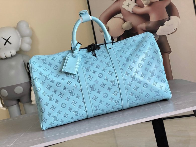 LV  Keepall Bandouliere 50 Travel Bag  Light Blue Monogram Calfskin