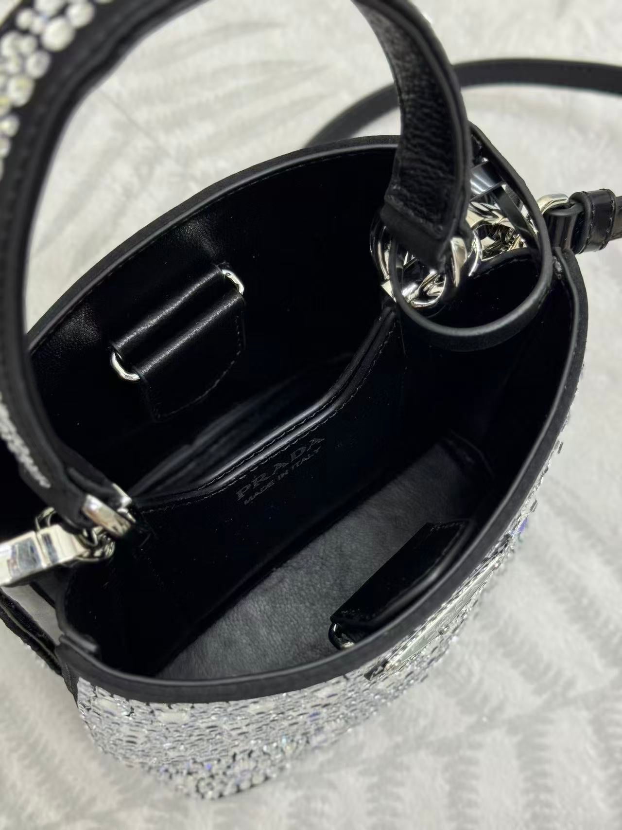 Prada Panier  Bag Black White Crystal-embellished Leather